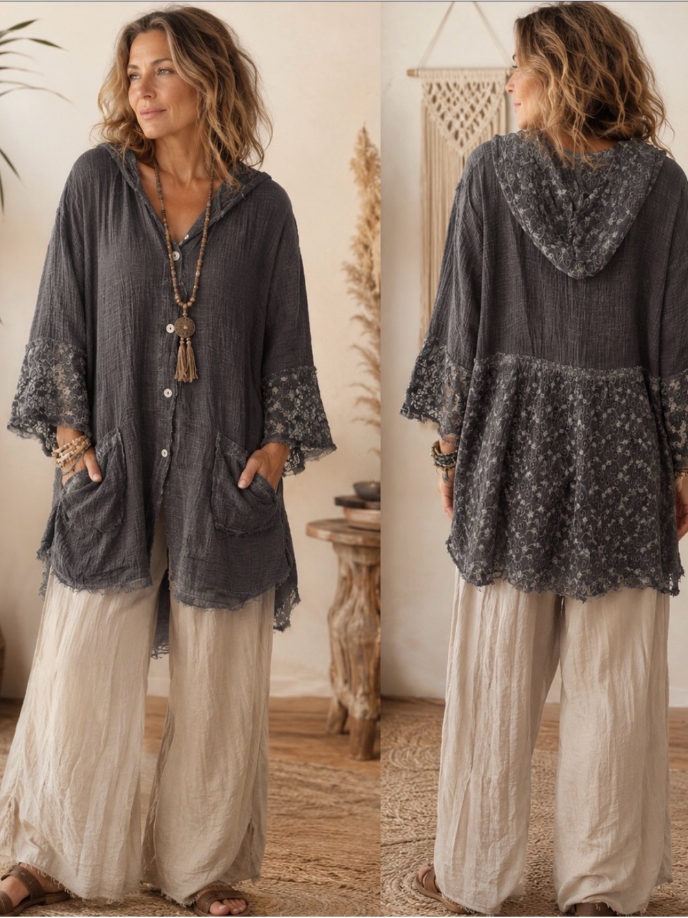Jaded Gypsy Charcoal Lace-Trim Hooded Button Cardigan Size S/M P2P 23’ NWOT